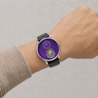 HOREAV silver tourbillon watch worn on wrist with purple guilloche-style dial and black leather strap