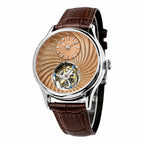 HOREAV silver tourbillon watch with rose gold guilloche-style dial and brown leather strap