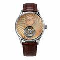HOREAV silver tourbillon watch with rose gold guilloche-style dial and brown leather strap