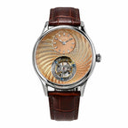 HOREAV silver tourbillon watch with rose gold guilloche-style dial and brown leather strap