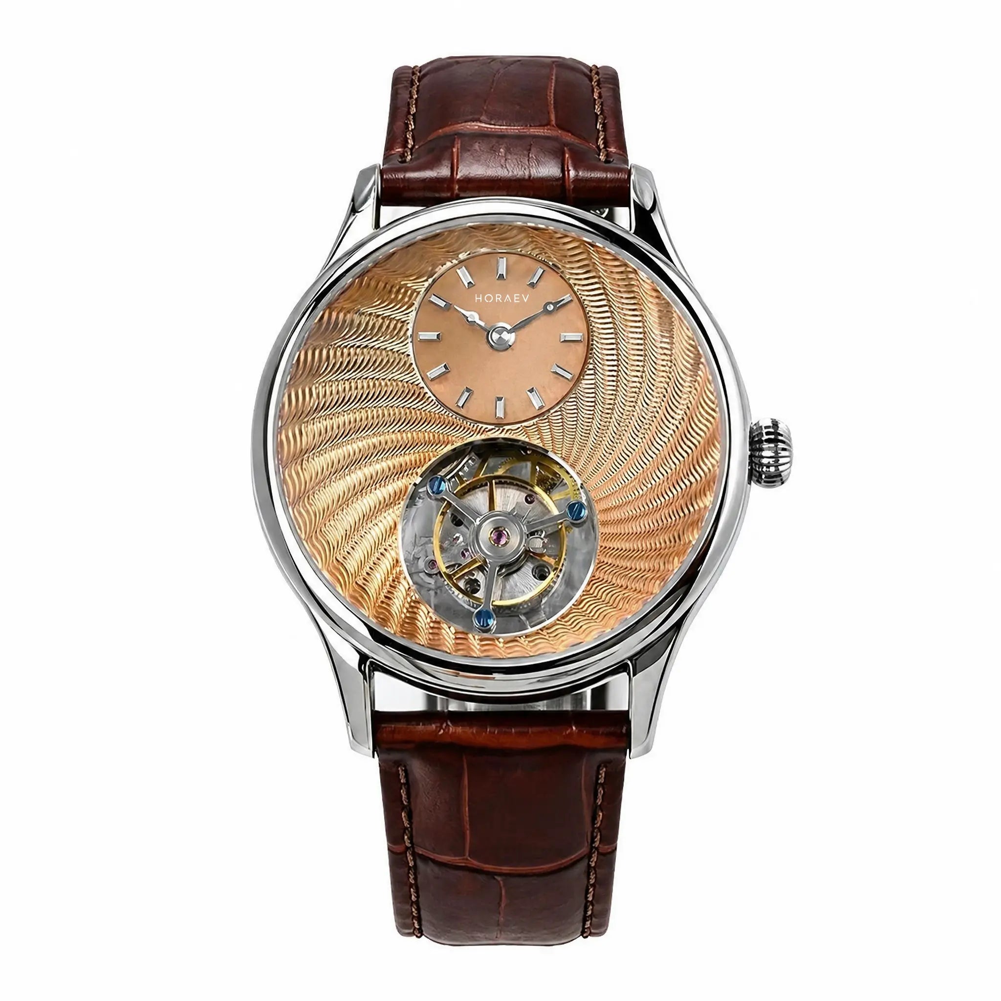 HOREAV silver tourbillon watch with rose gold guilloche-style dial and brown leather strap