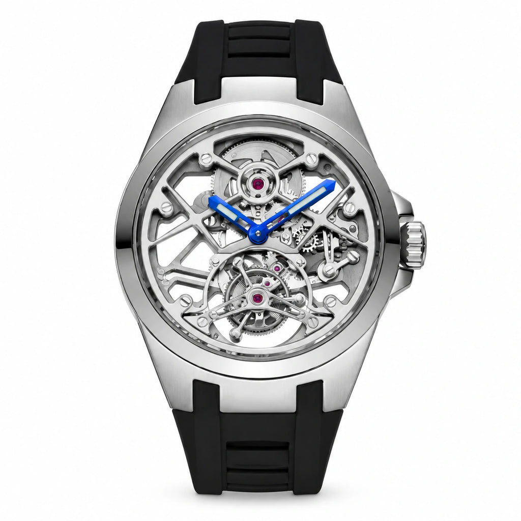 T306M platinum tone case with black strap front view on white background
