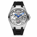 T306M platinum tone case with black strap front view on white background