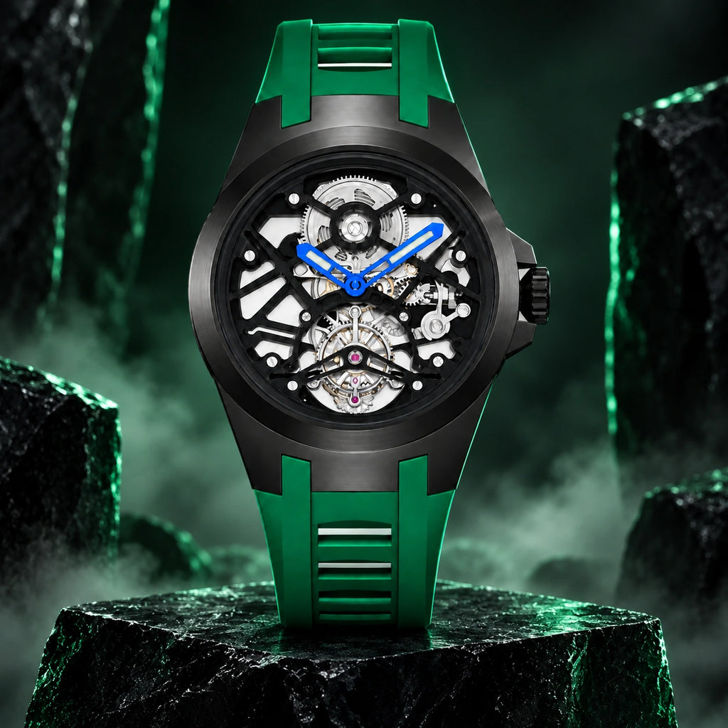 T306M black tourbillon with green strap in a dark night campaign scene