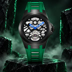 T306M black tourbillon with green strap in a dark night campaign scene