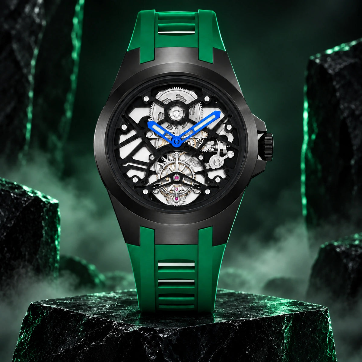 T306M black tourbillon with green strap in a dark night campaign scene