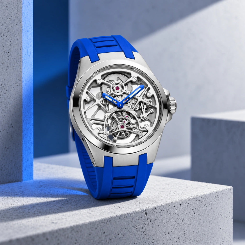 T306M platinum tone tourbillon with blue strap in an architectural scene