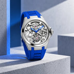 T306M platinum tone tourbillon with blue strap in an architectural scene