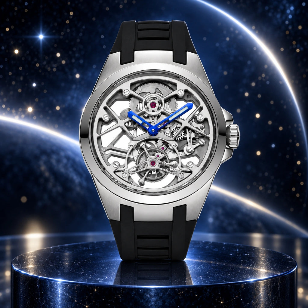 T306M platinum tone tourbillon in a celestial campaign scene