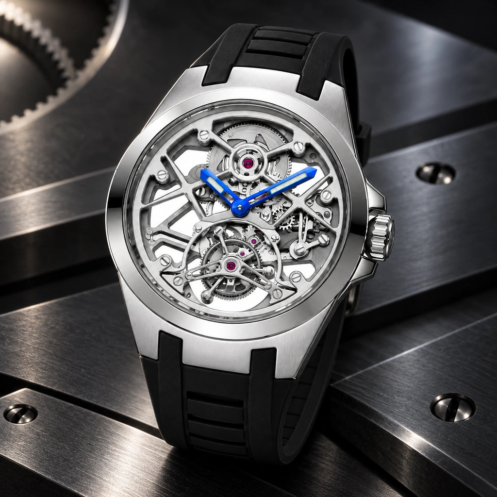 T306M platinum tone tourbillon in a dark mechanical studio scene