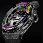 TIELBO T711 watch with clear case, rainbow bezel and black strap, close-up against a dark background.