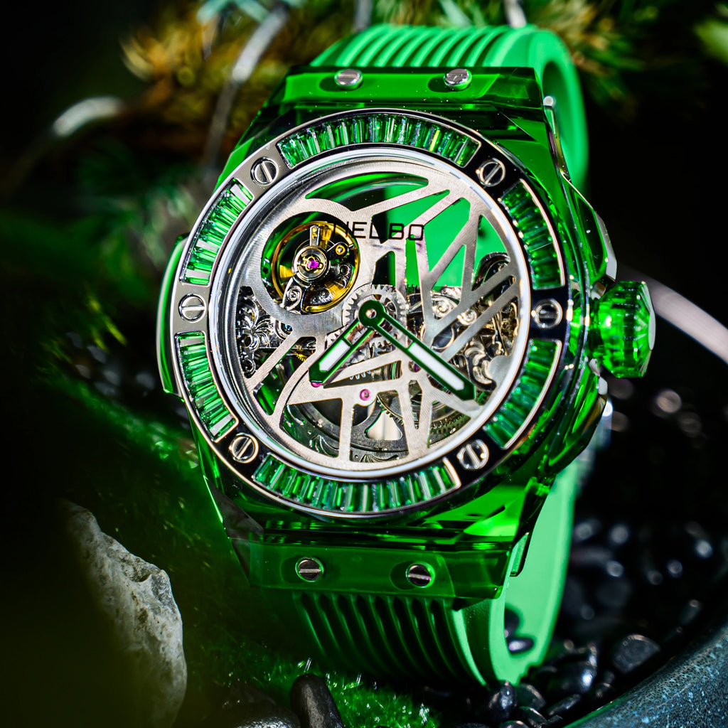 TIELBO T712 watch with green case, green bezel, green hands and green strap in a green display setting; original product photograph.