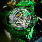 TIELBO T712 watch with green case, green bezel, green hands and green strap in a green display setting; original product photograph.
