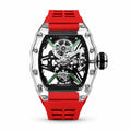T816 clear crystal glass case with red strap front view on white background