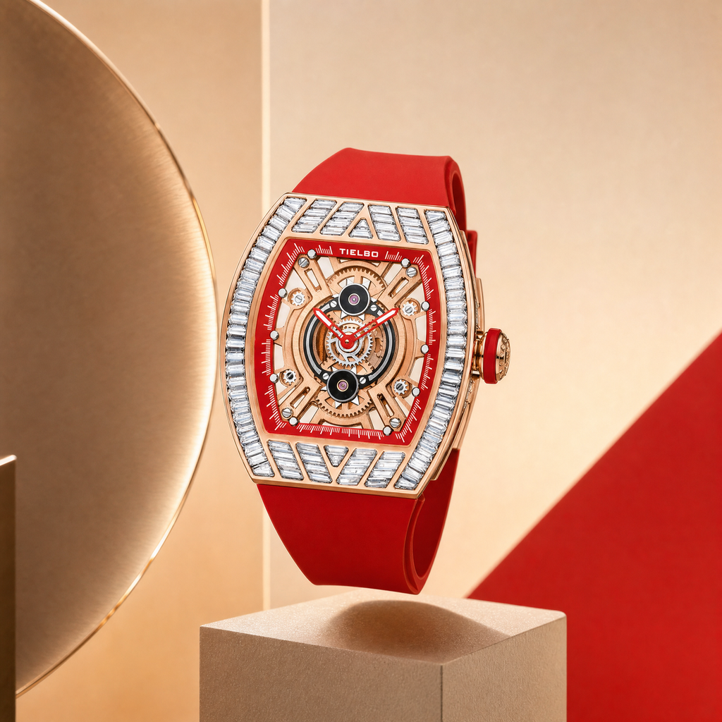 HORAE V × TIELBO Radiant Tempest T827L watch in minimal gold display scene