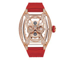 HORAE V x TIELBO Crystal Bastion T828M watch with rose gold tone, rose gold accents and red strap, front view