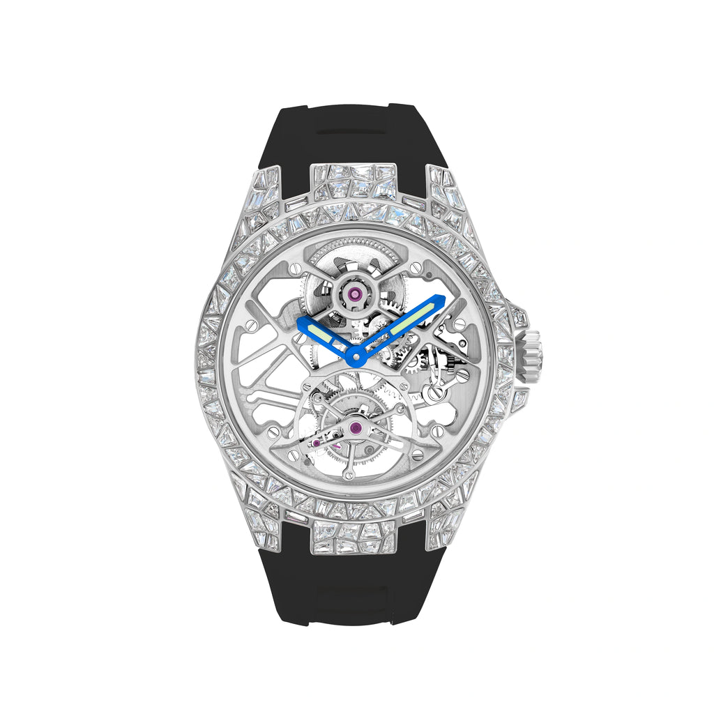 T850M platinum tone crystal set case with black strap front view on white background
